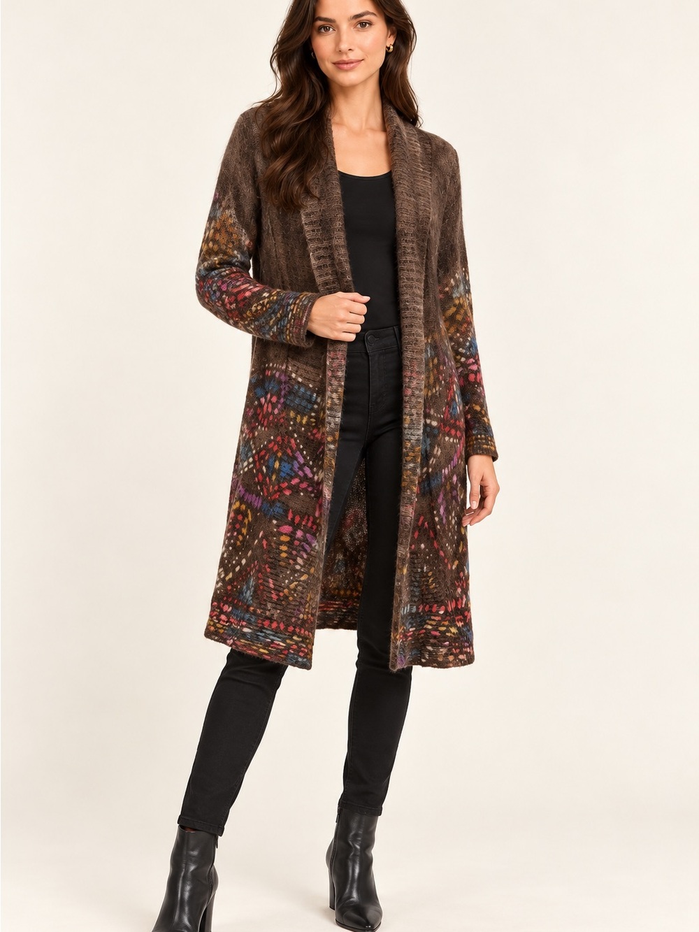 Adore Brown Open-Front Long Knit Cardigan with Multicolor Accents